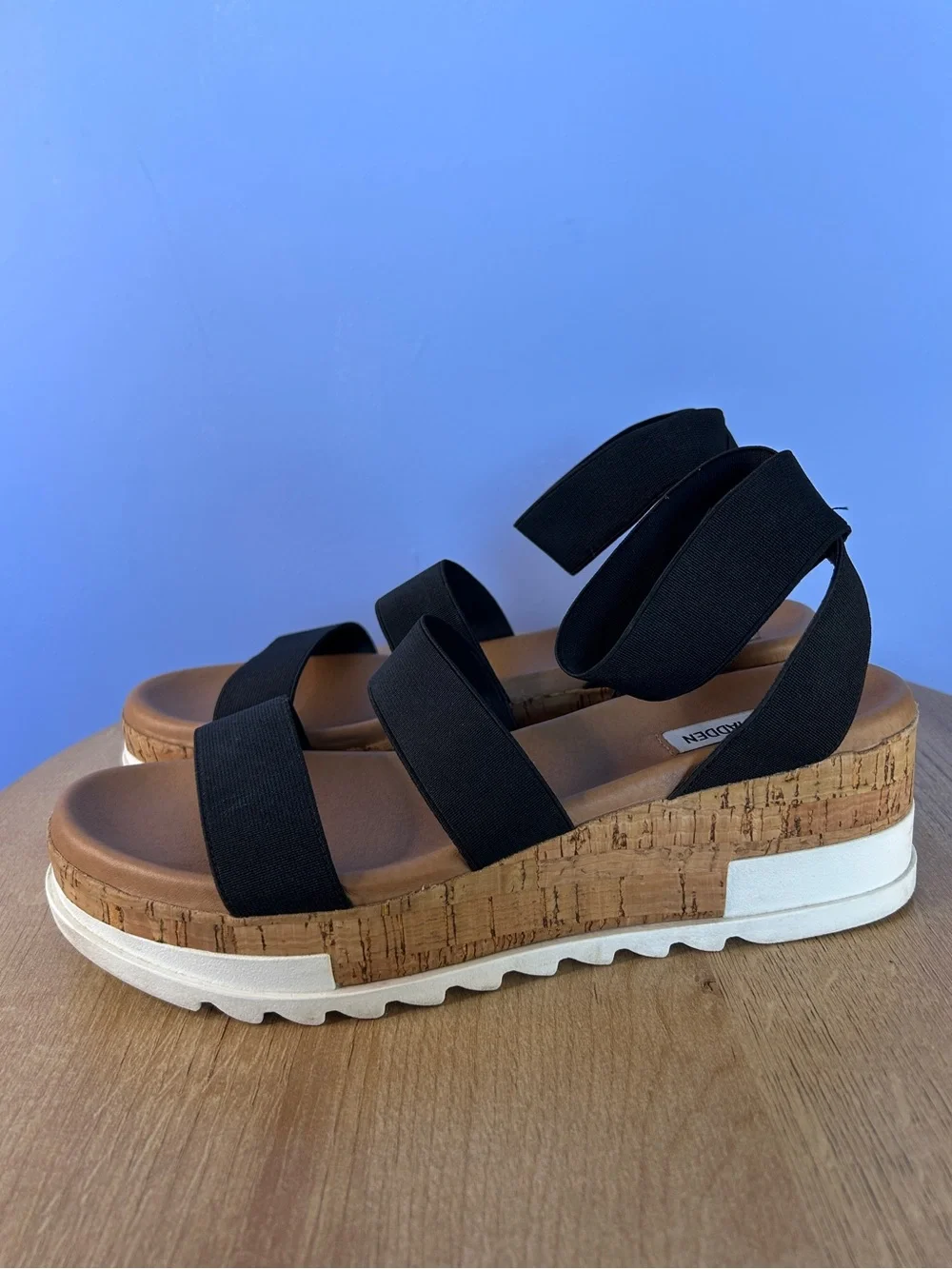 Black and White Cork Platform Sandals with Elastic Straps